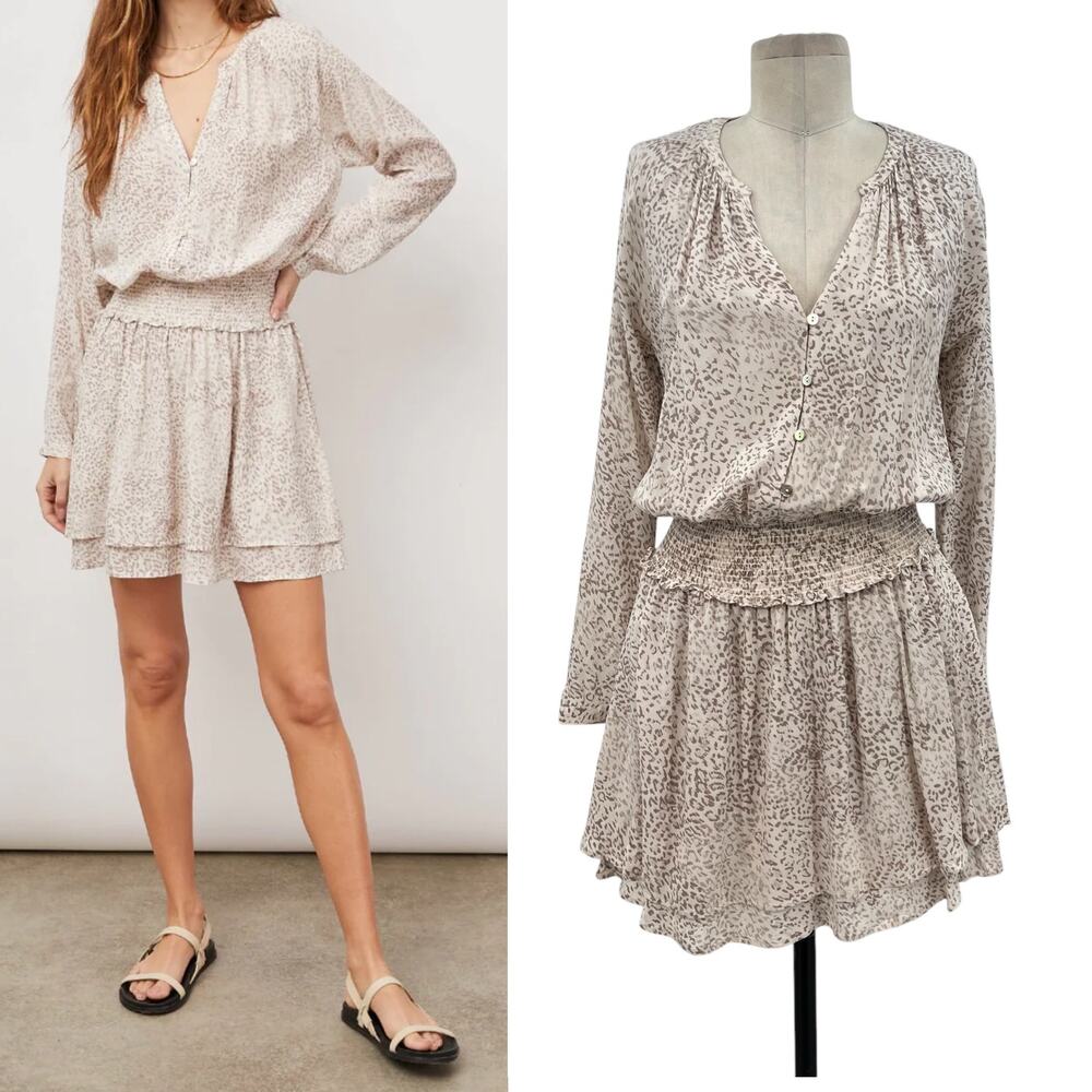 Rails Jasmine Dress Long Sleeve Watercolor Leopard Print‎ Tan Cream Size Small